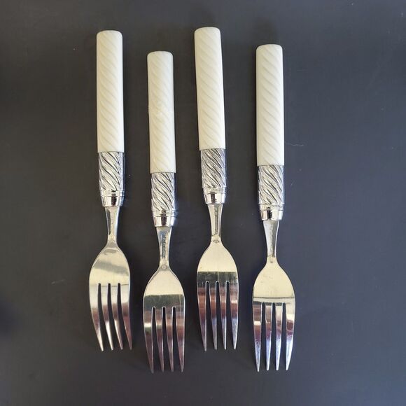 16ct Washington Forge Stainless Flatware Utensils White Plastic Swirl Handle Vtg - Picture 6 of 12